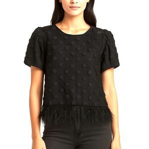 NEW Anthropologie Black Polka Dot Feathered Hem Top Quiet Luxury Socialite Diva
